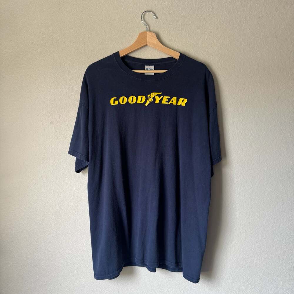 Vintage Y2K Goodyear Wingfoot Logo T Shirt Navy Yellow XL Gildan